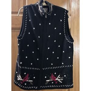 Vtg Christopher & Banks Cardinal Novelty Zip Sweater Knit Vest Womens L Xmas